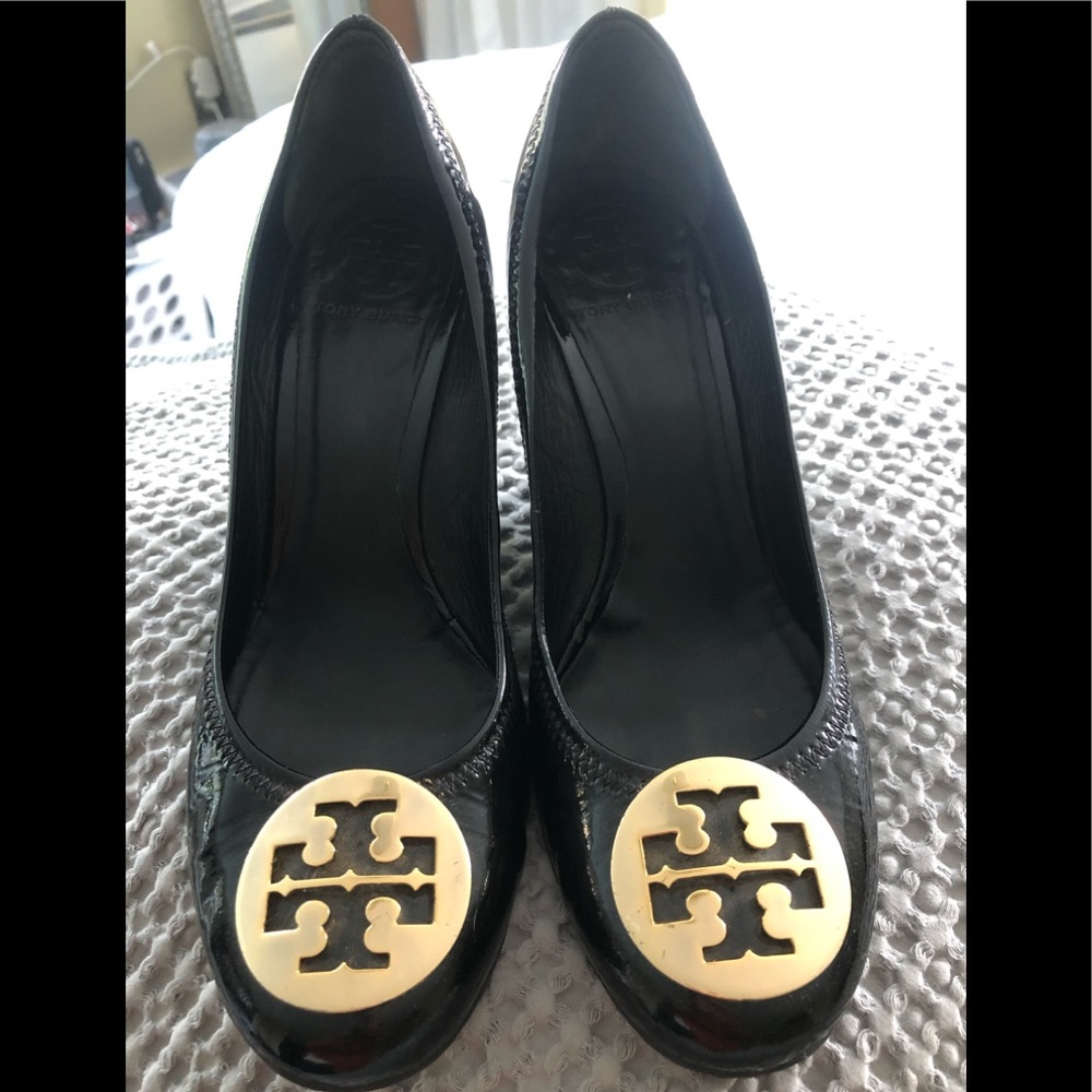 TORY BURCH REVA BLACK LEATHER WEDGE HEELS SHOES, 8